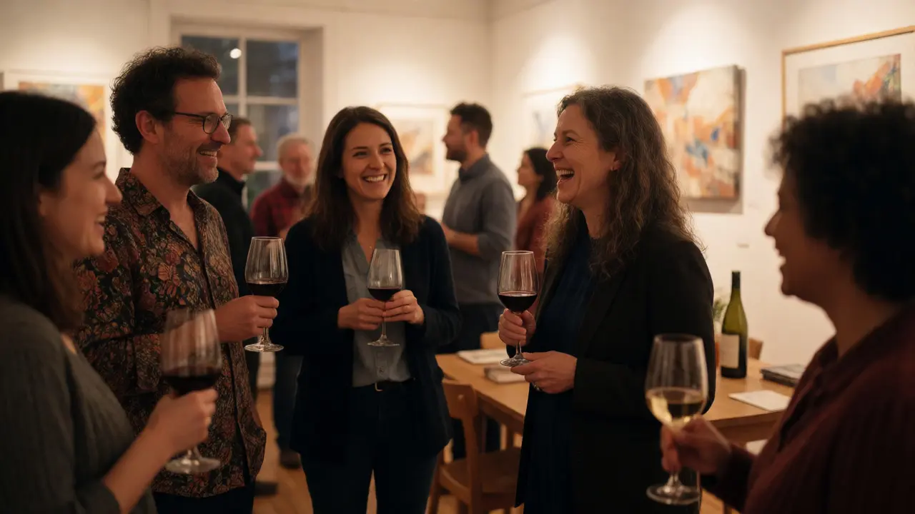 Diverse crowd enjoying wine and conversation at gallery event