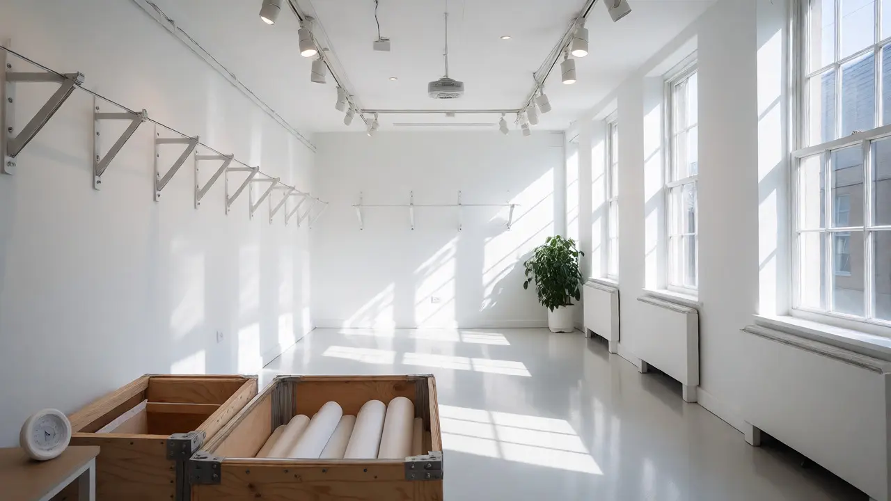 Empty new gallery space with installed hanging systems and unpacking supplies.