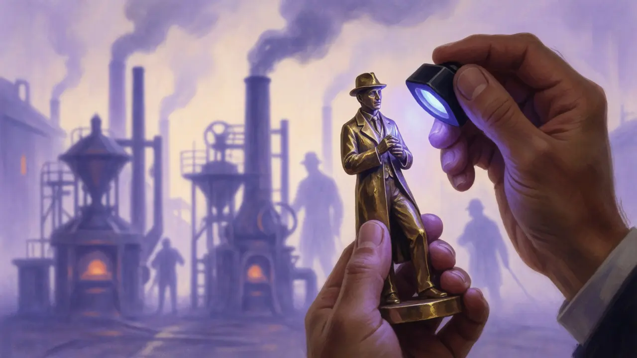 Expert examining a bronze statue with UV light revealing hidden repairs