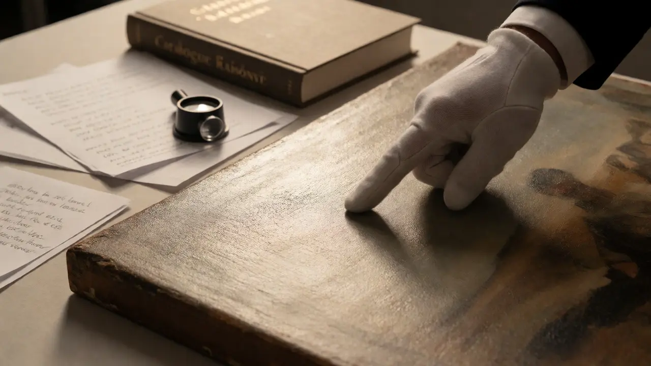 Expert inspecting canvas texture and condition during auction review