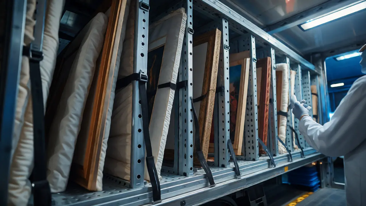 Framed art secured in vertical racks inside a climate-controlled transport truck.