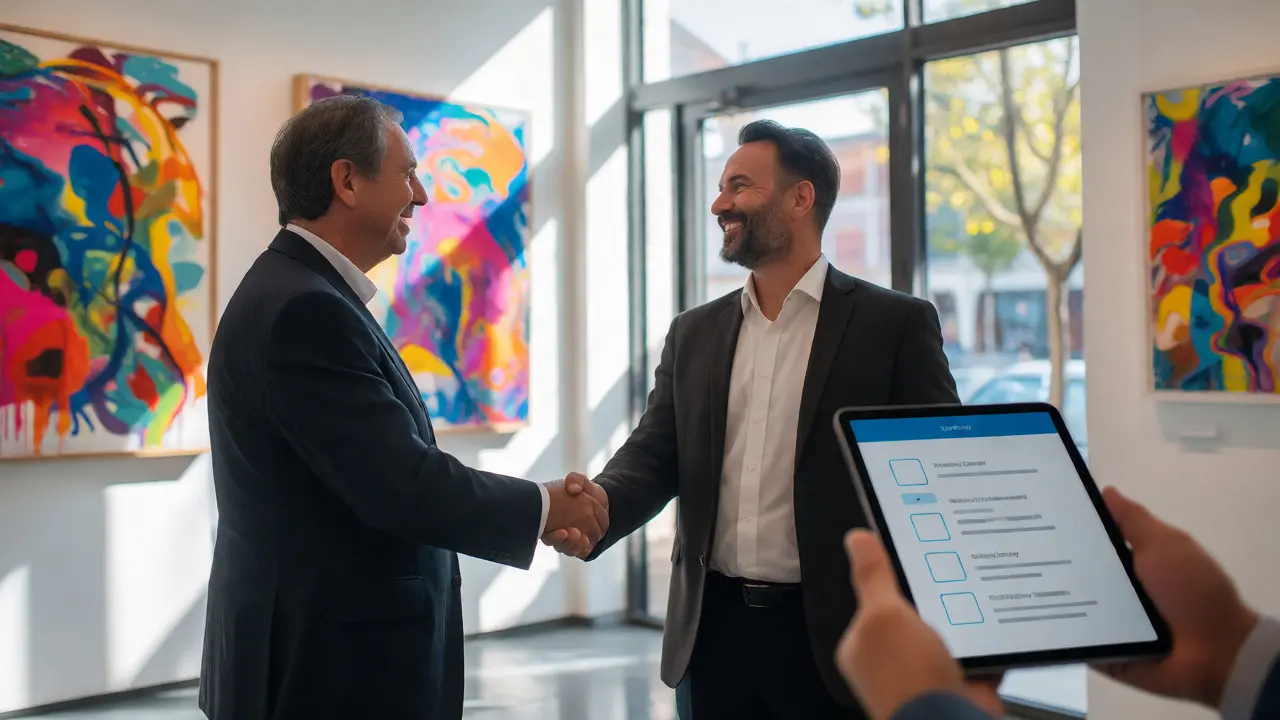 Gallery director and collector shaking hands near privacy tablet