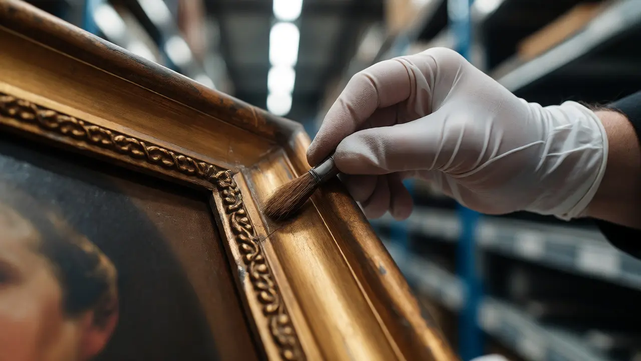 Gloved hand inspecting minor damage on an antique framed painting