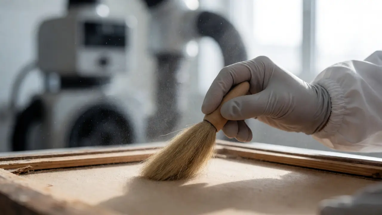 Gloved hand using a soft brush to remove mold spores from the back of a wooden picture frame.