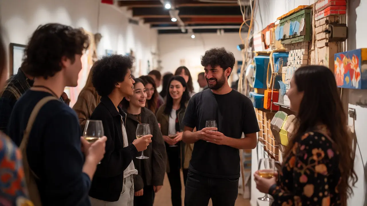 Group discussing mixed-media art with an artist at a gallery opening