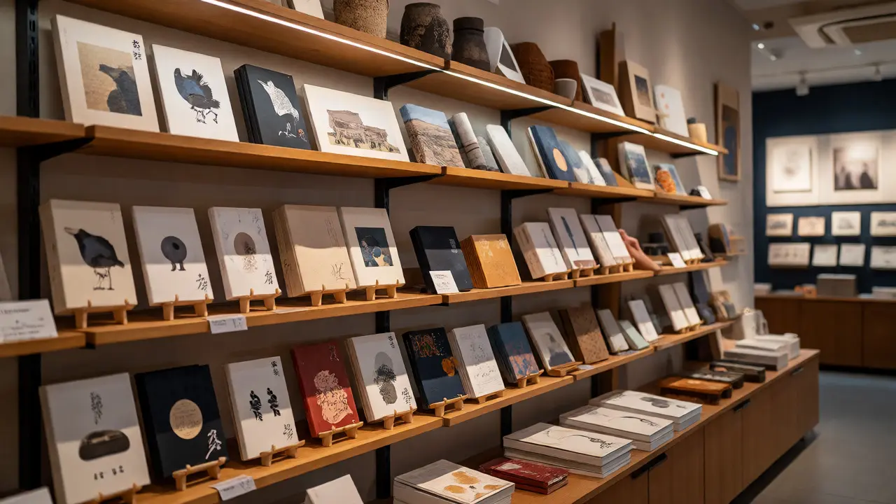 Hand selecting curated books and artisan goods in a museum gift shop