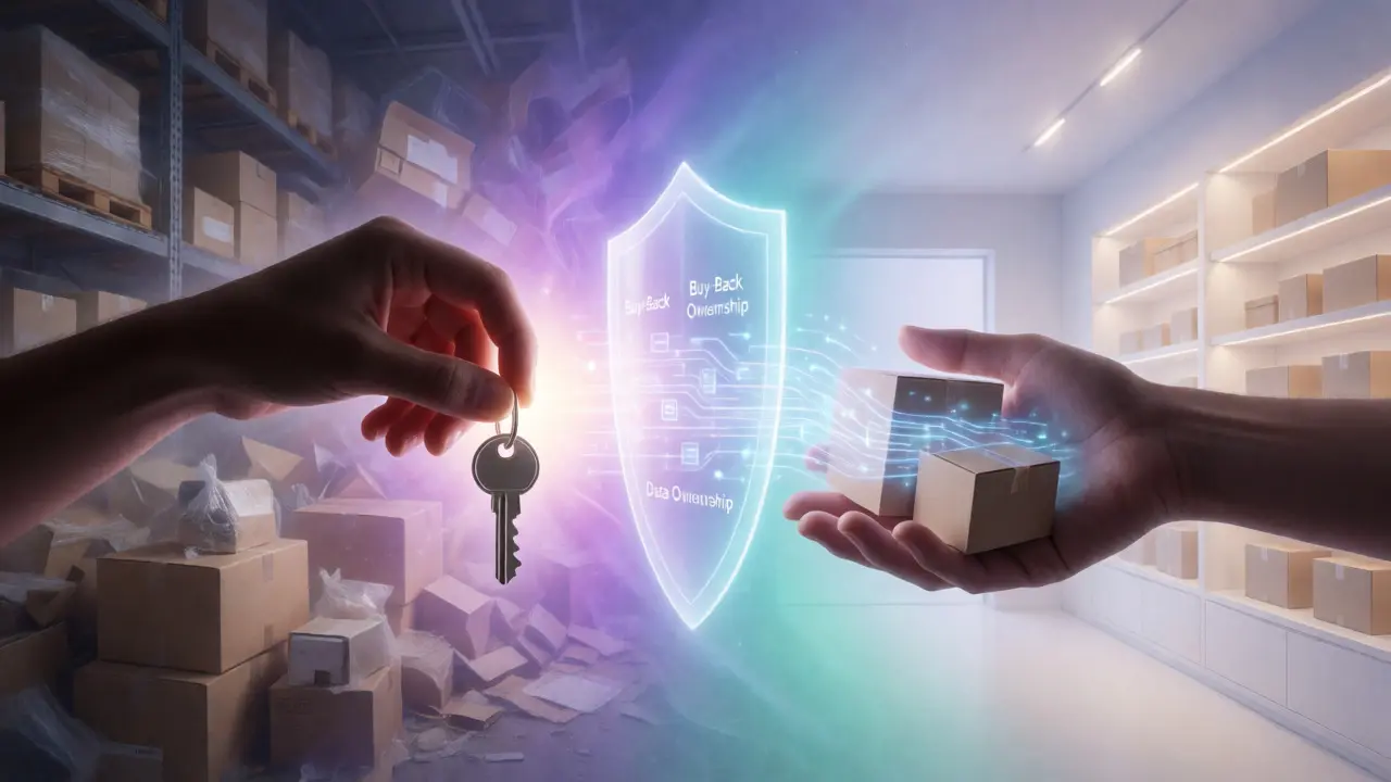 Hands exchanging keys and inventory across a divide, illustrating a smooth exit strategy and asset transition.