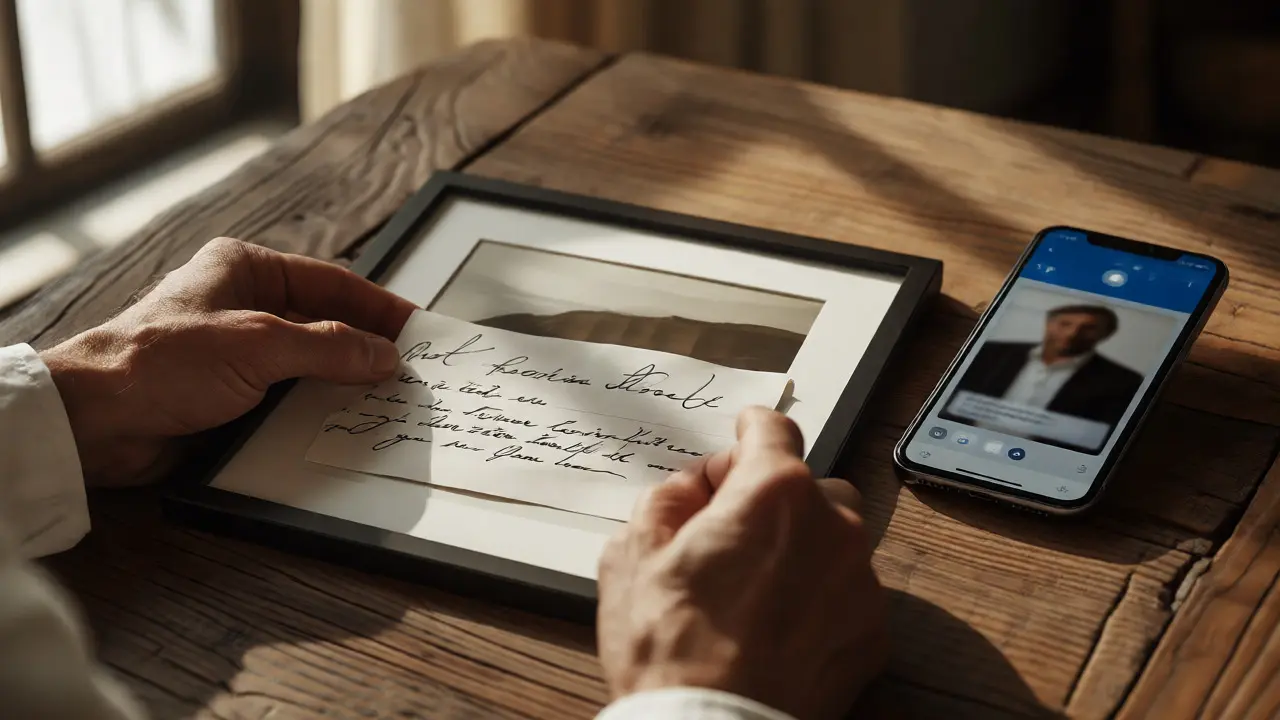 Hands holding a certificate and note next to a phone playing an artist's video