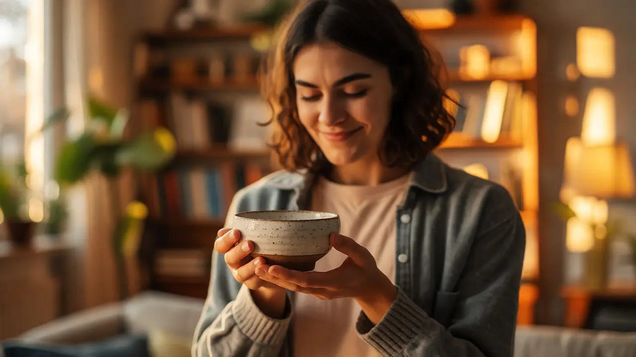 Happy customer holding a chipped ceramic bowl in a sunlit room