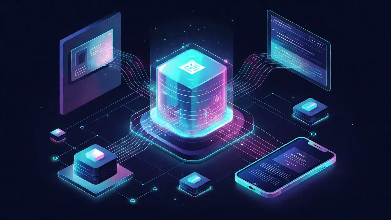 Isometric diagram of data flowing from CMS to labels and devices