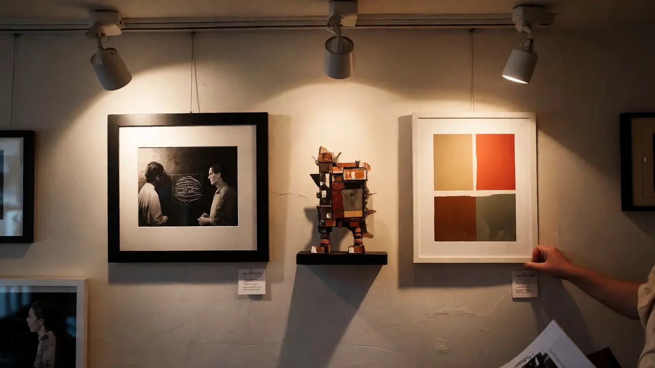 Living room displaying curated emerging art with track lighting