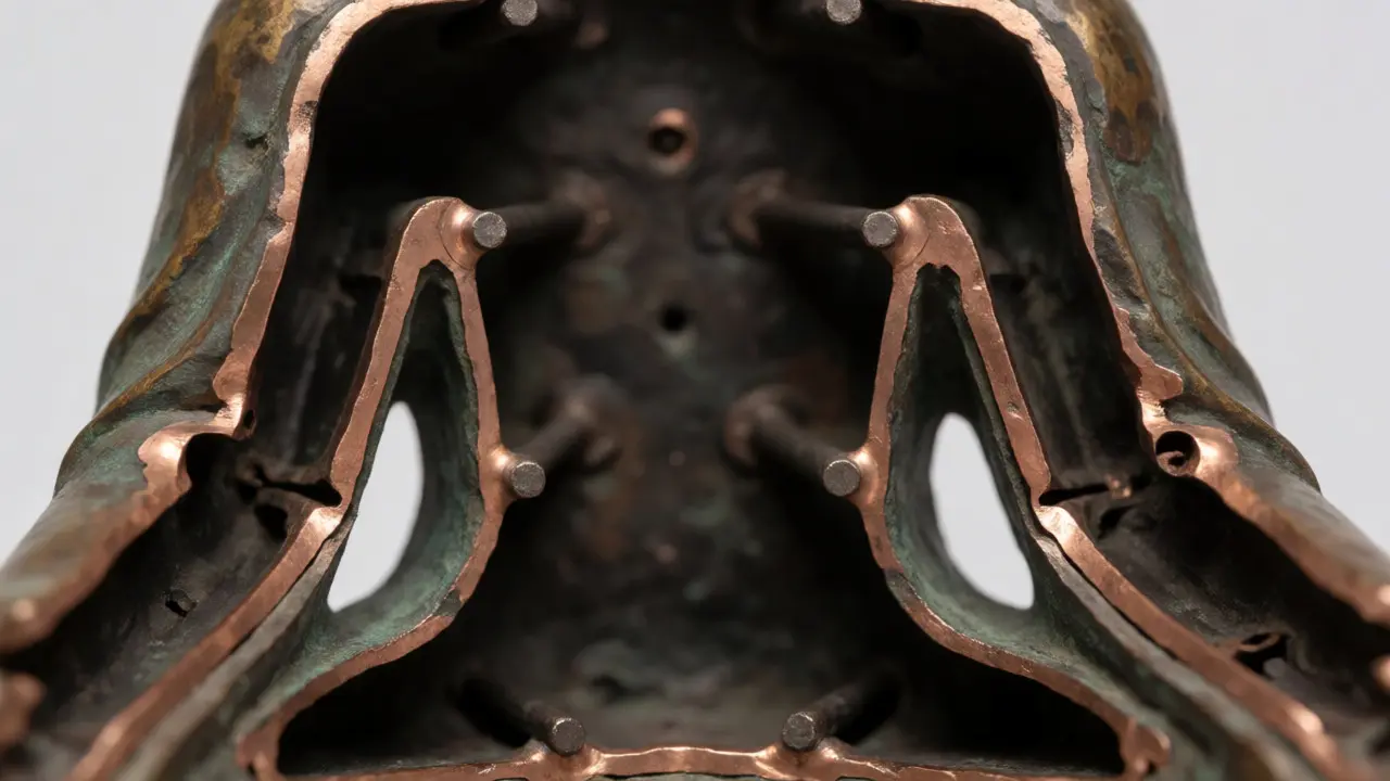 Macro view of bronze internal structure showing lost-wax casting welds and pins