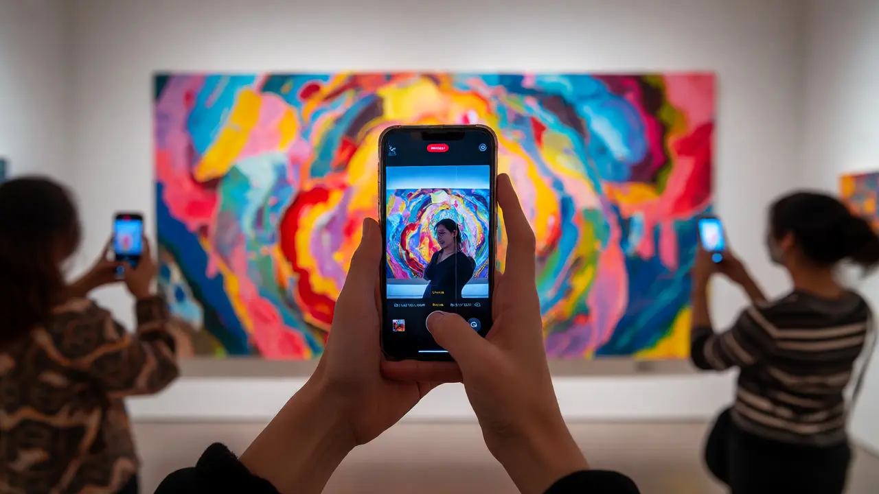 Person filming a gallery artwork with a smartphone, surrounded by others doing the same.