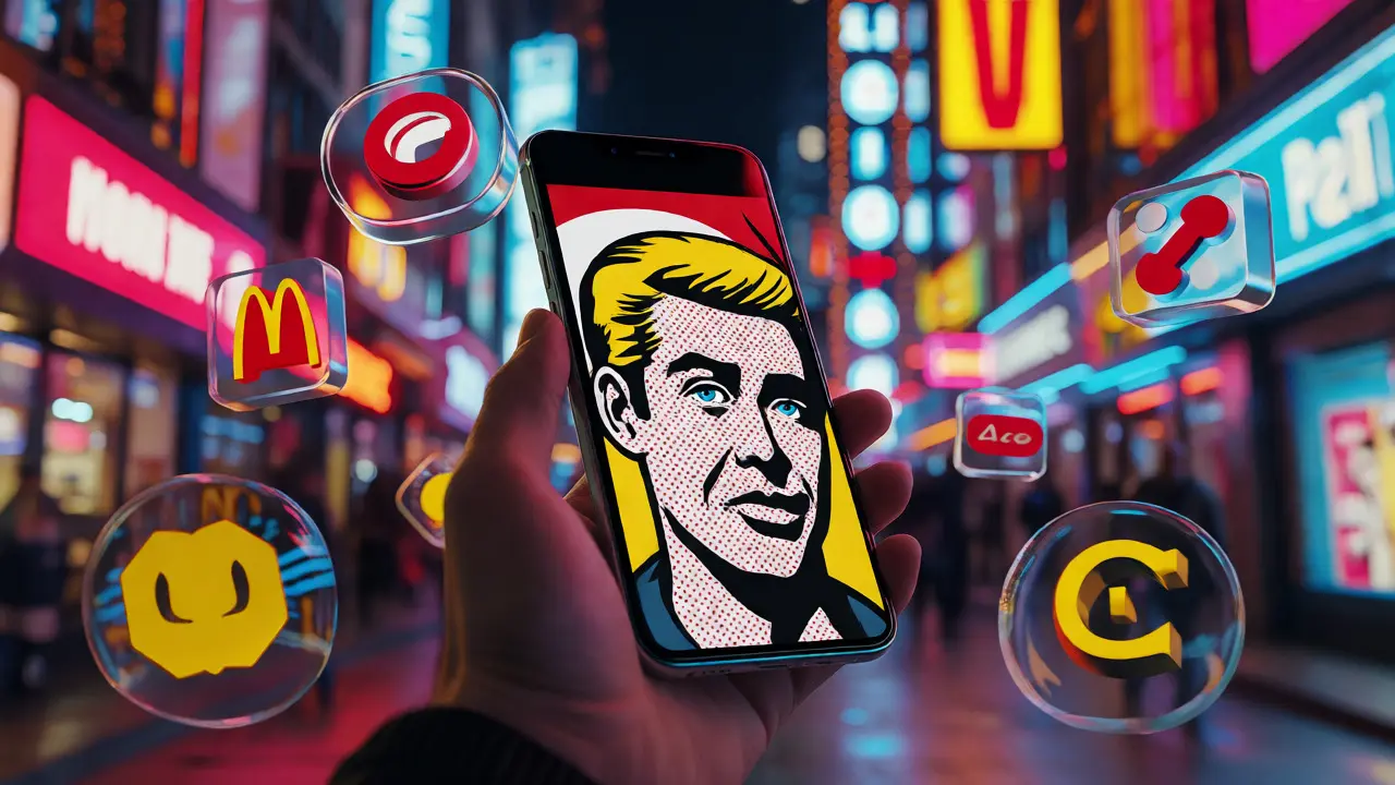 Smartphone reflecting pop-art style graphics amidst modern city lights.