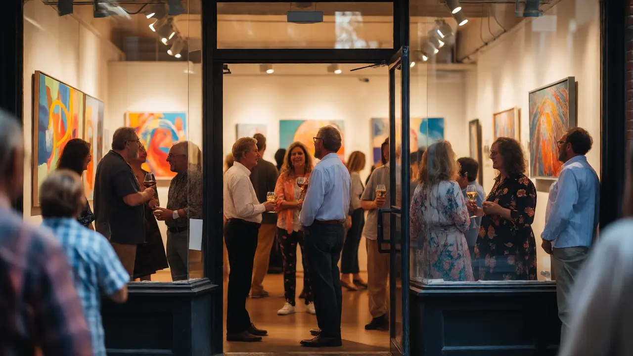 Social gathering at an art gallery opening night with guests mingling