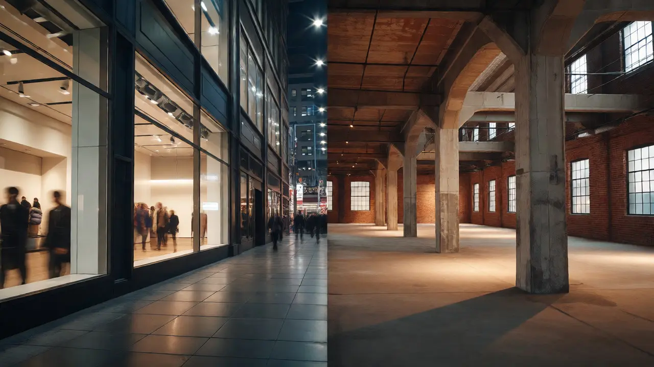 Split view comparing retail storefront and industrial loft gallery