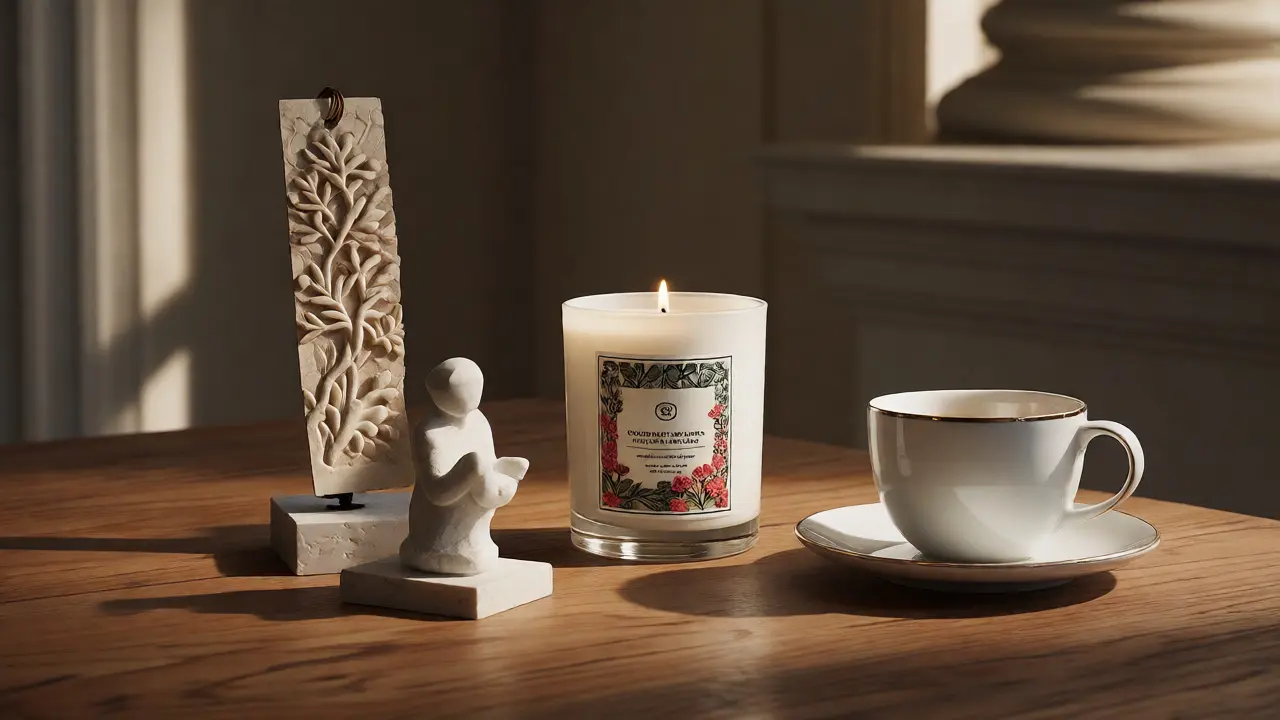 Still life of museum keepsakes and coffee symbolizing lasting memories