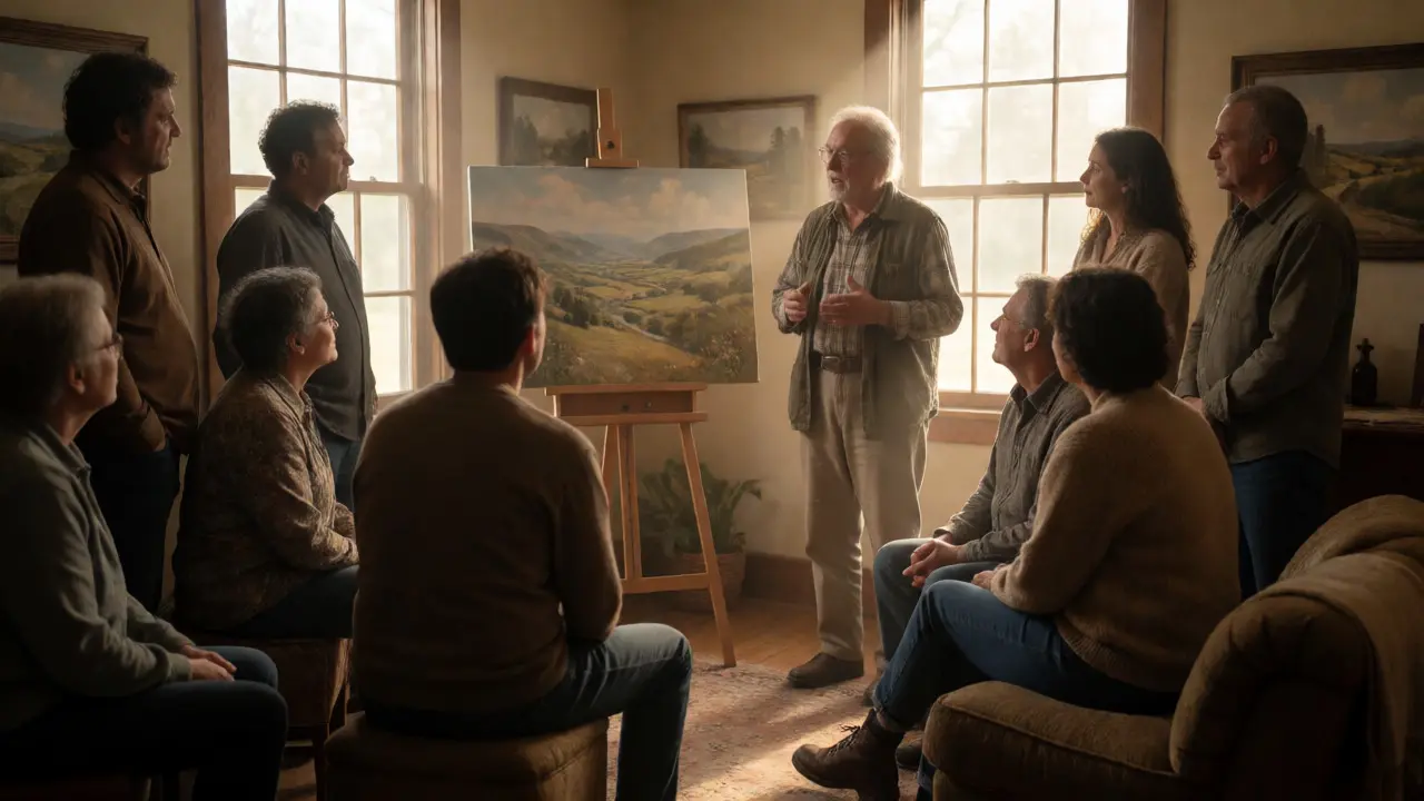 Storyteller sharing history with visitors beside a landscape painting