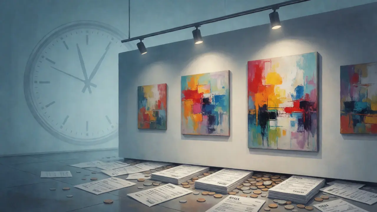 Surreal art gallery where paintings sit atop piles of bills
