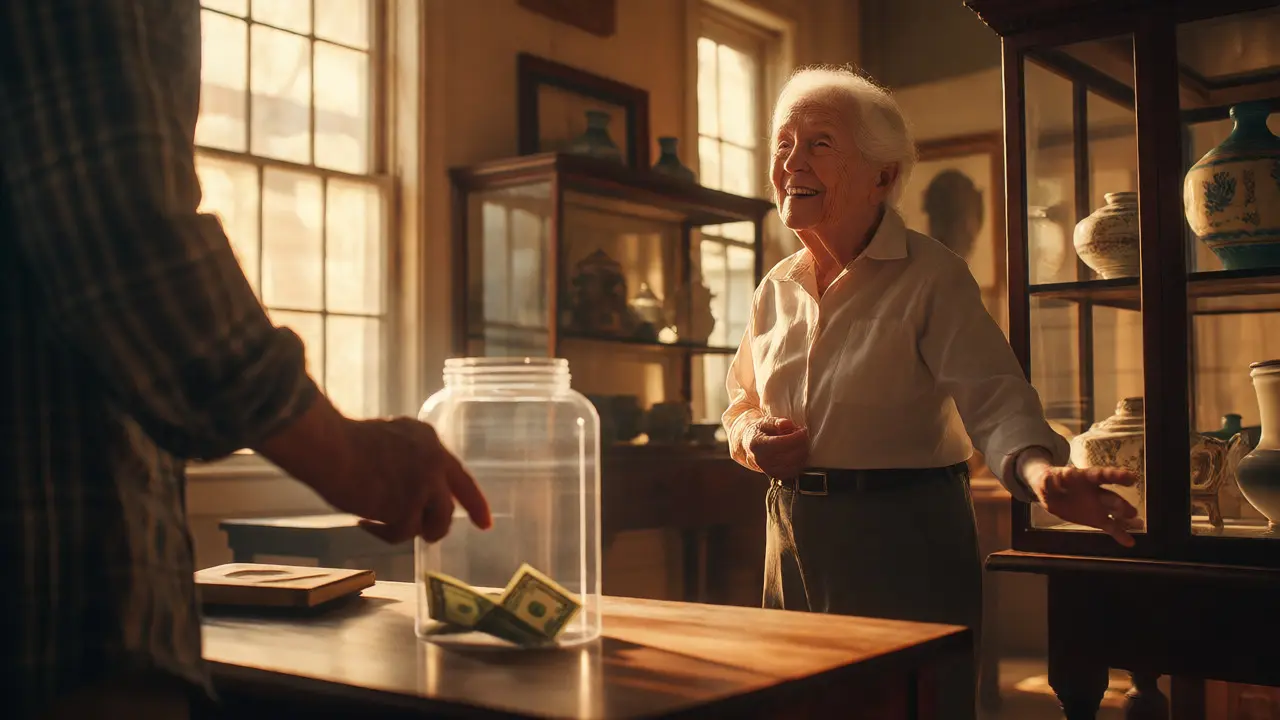 Visitor donating to a jar while a docent guides them