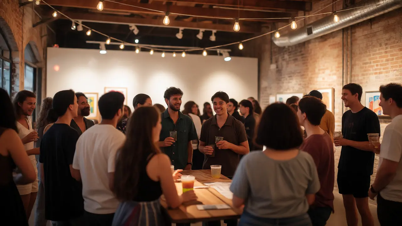 Young collectors and artists mingling at a casual evening event in an industrial gallery.