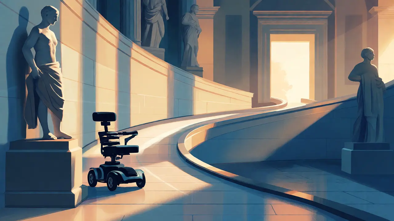Accessible museum ramp with mobility aids in a serene setting.