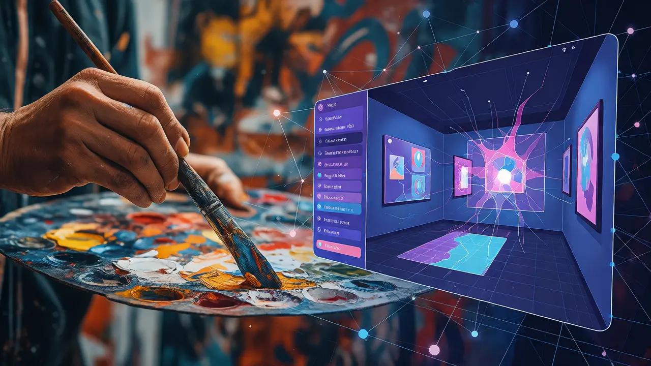Artist painting alongside floating digital analytics representing hybrid gallery strategies.