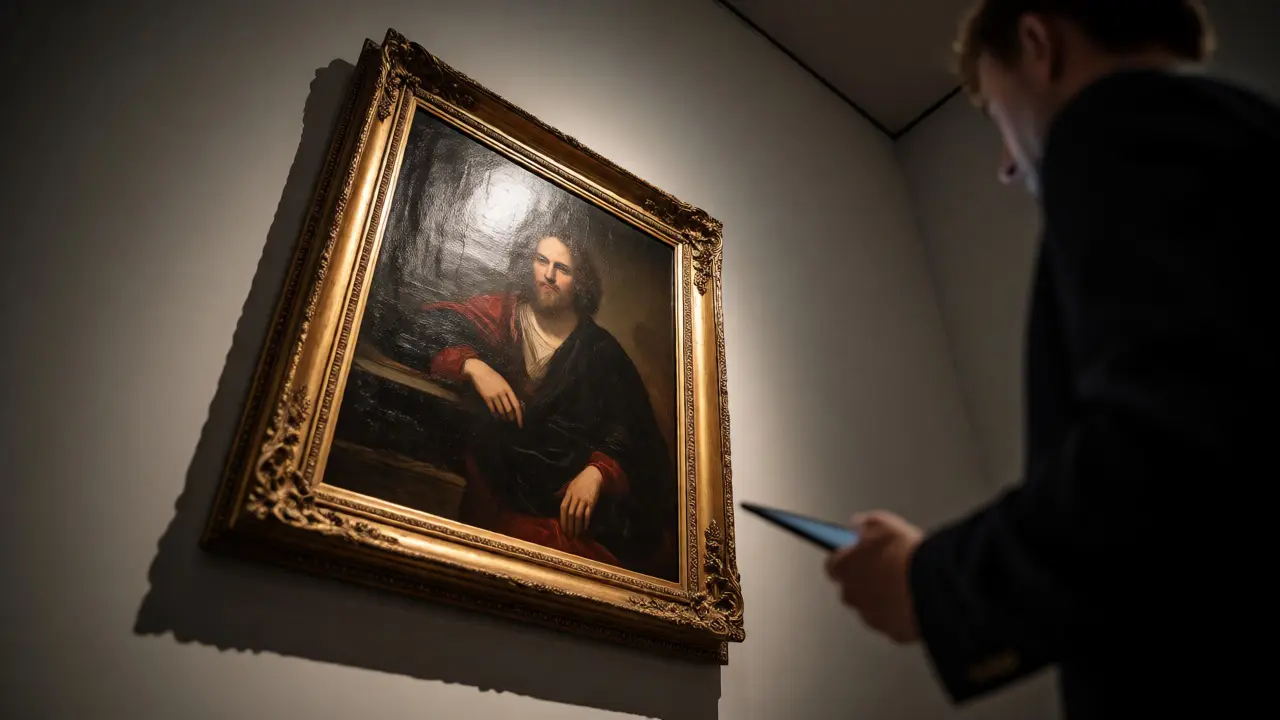 Baroque portrait displayed in a gallery with an appraiser reviewing documentation nearby.