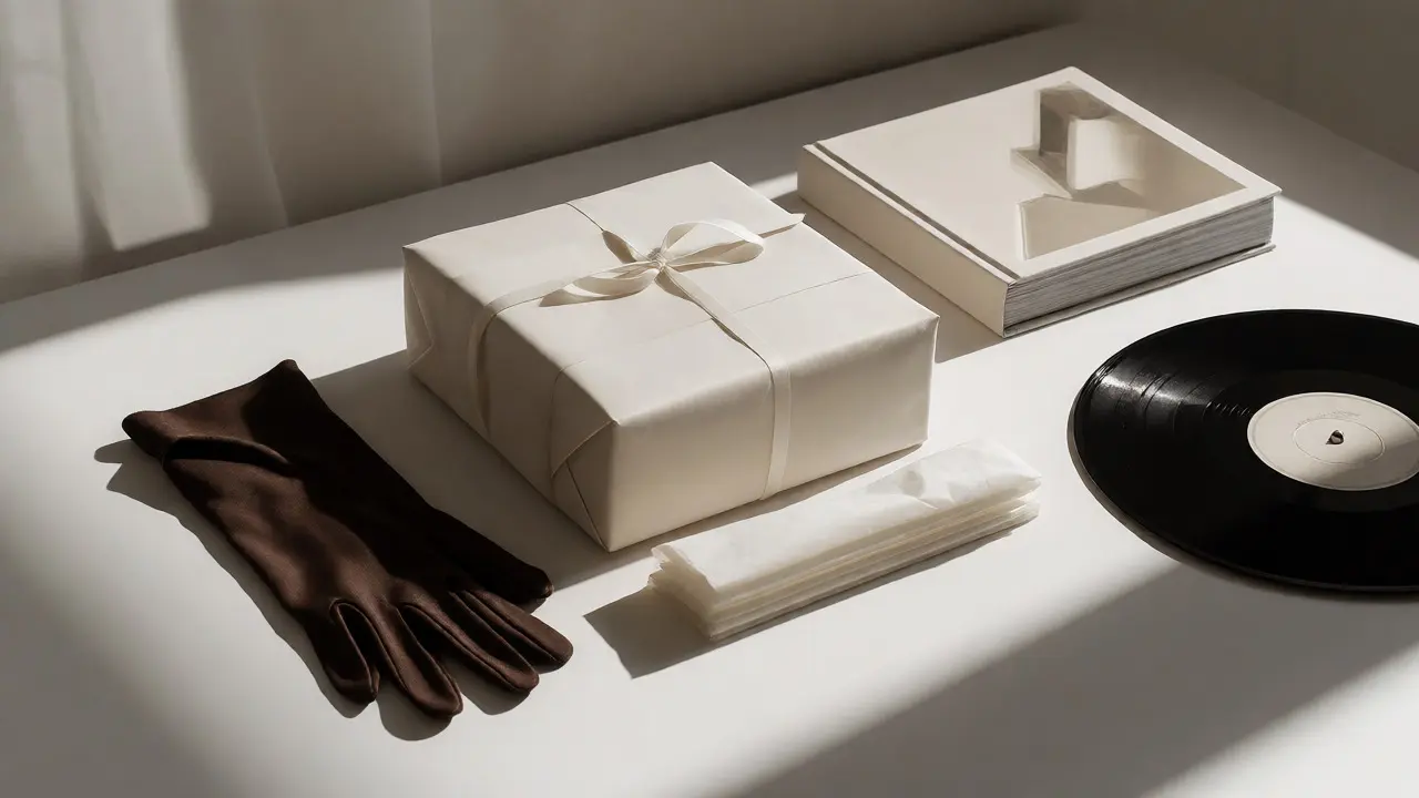 Carefully packaged art piece ready for shipping alongside curated lifestyle items