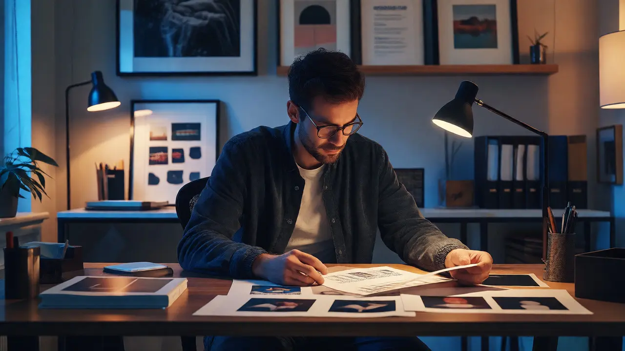 Collector analyzing artist portfolios and exhibition records at a desk