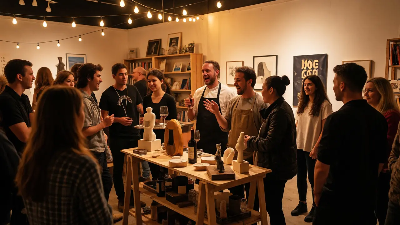 Community members enjoying a social event with wine and art in a local gallery.