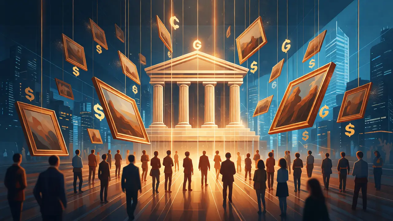 Conceptual art showing artworks rising from a museum icon with increasing value indicators.