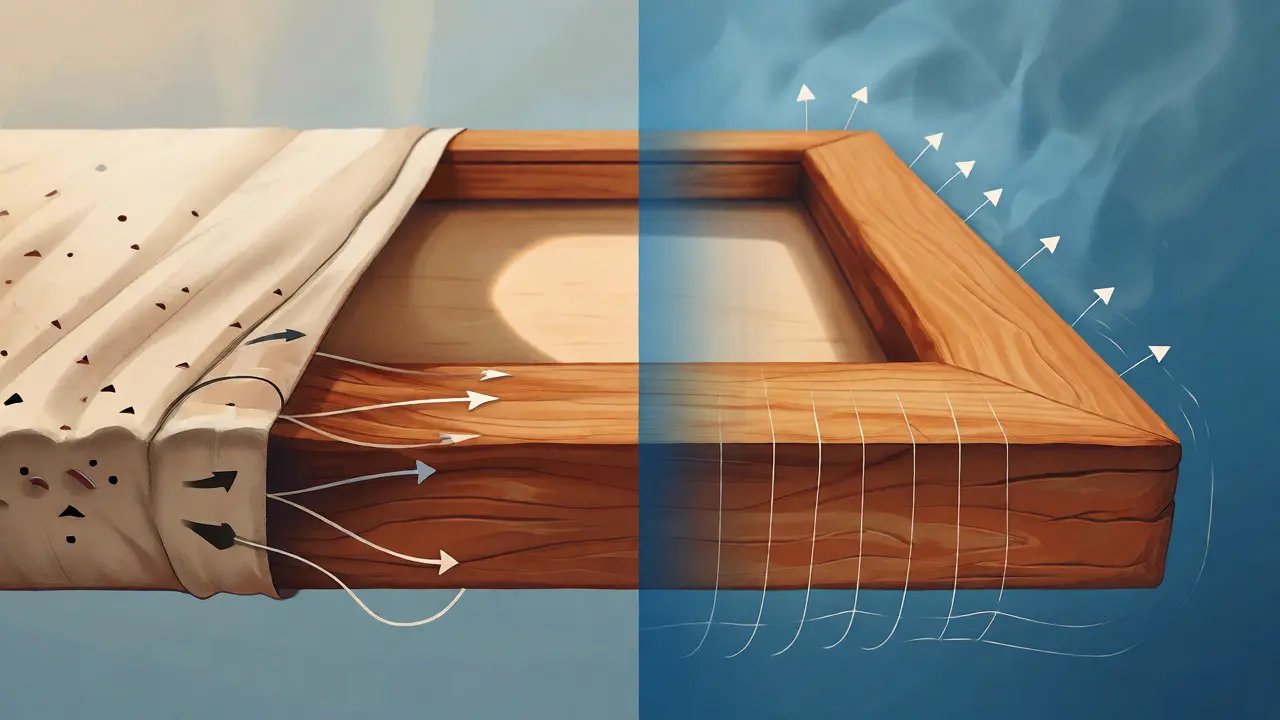 Conceptual diagram illustrating how humidity affects canvas and wood stretcher tension.