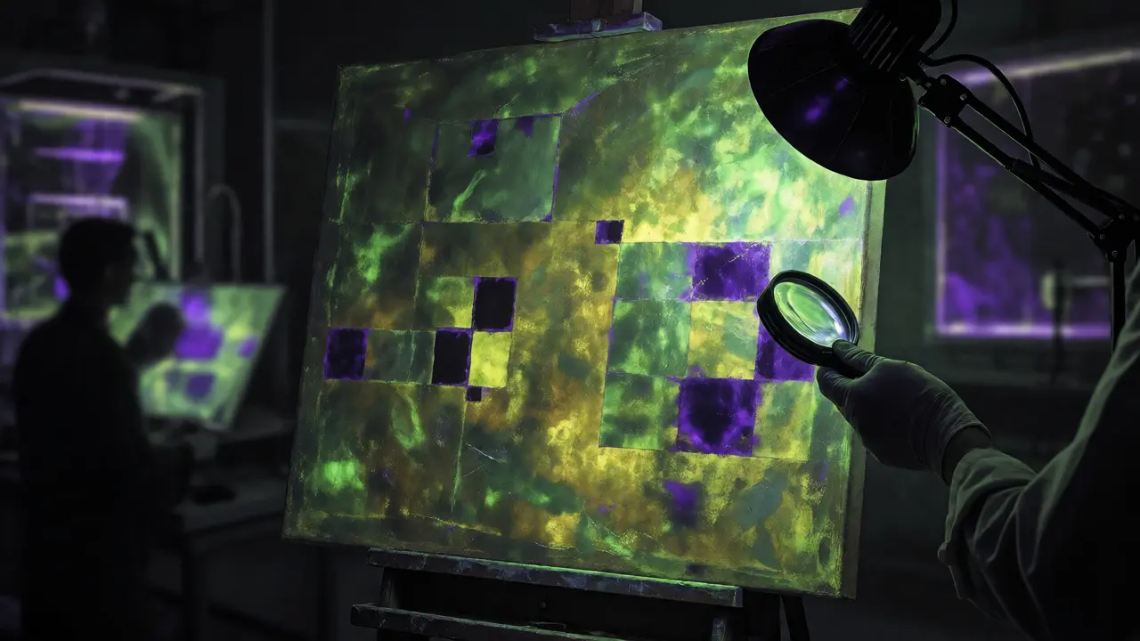 Conservator examining a painting under UV light, revealing dark purple retouched areas against glowing green varnish.