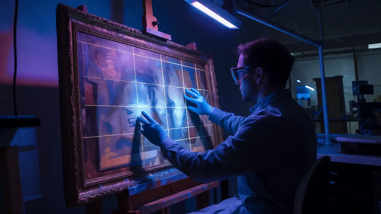 Conservator scanning a large canvas with a UV lamp in a dark studio to detect restoration history.