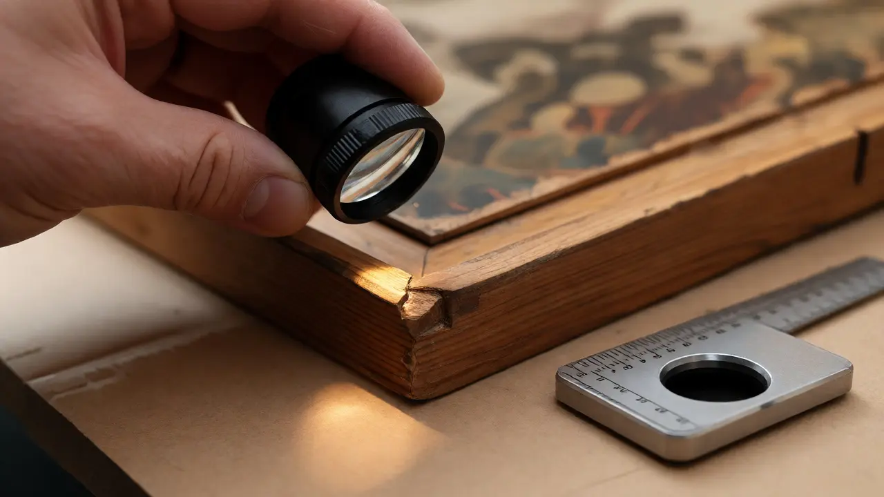 Conservator using a loupe to inspect a chip on an artwork frame during a condition check.