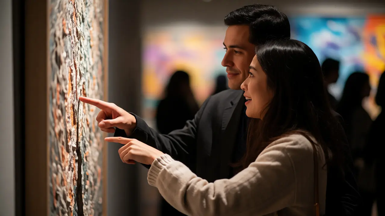 Couple engaging with artwork during a gallery event