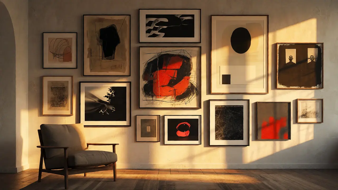 Curated art collection displayed in a minimalist living room with warm lighting.