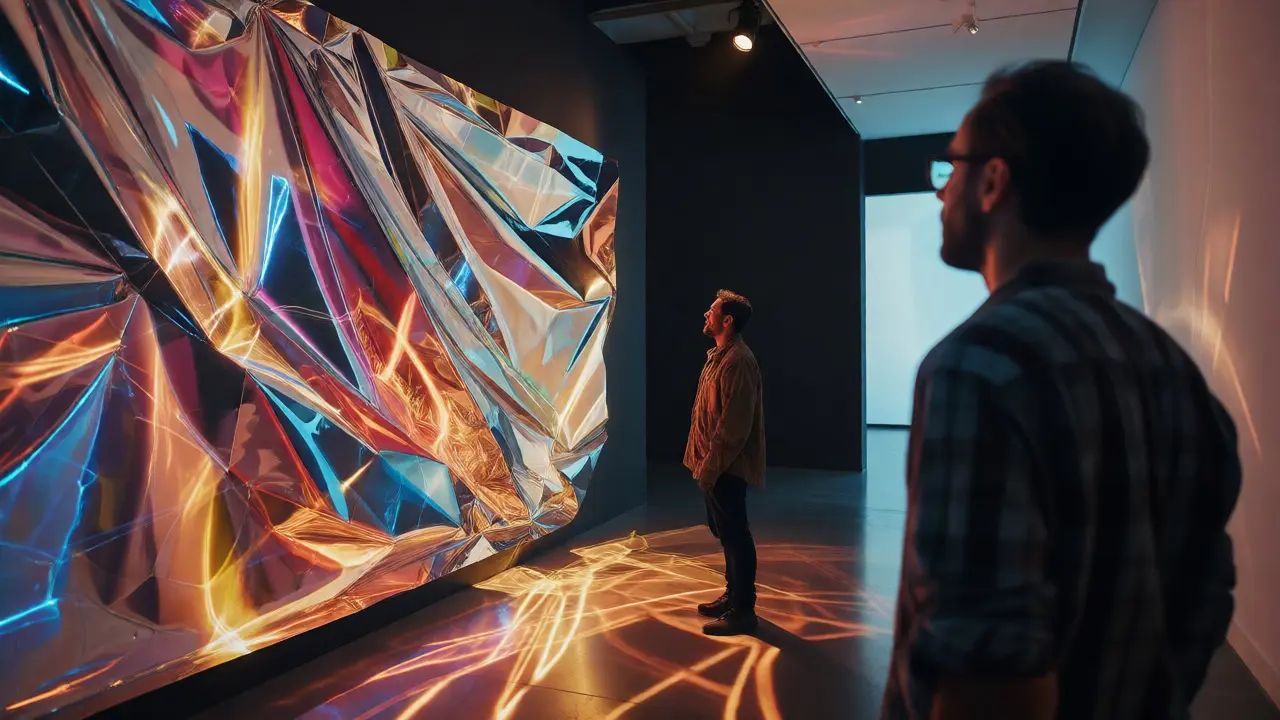 Curator viewing a mixed-media installation in a modern gallery