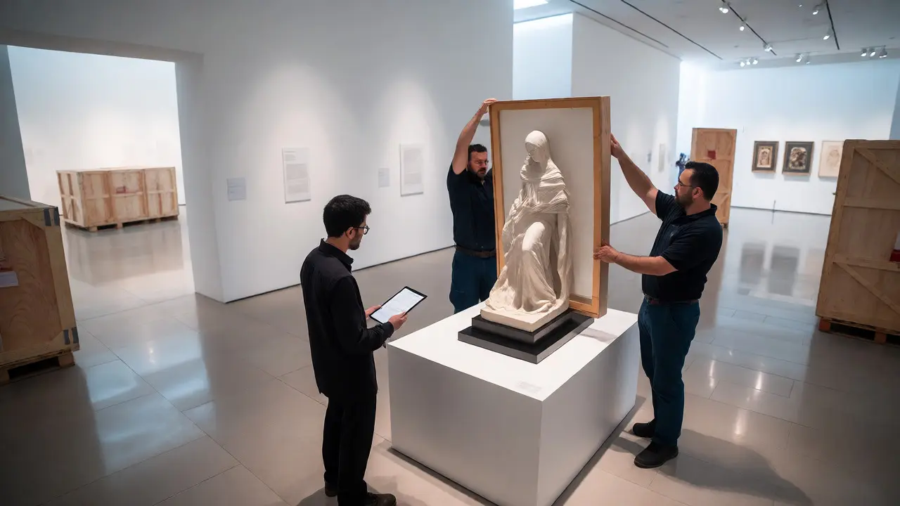 Curators installing artwork in a bright, modern museum gallery