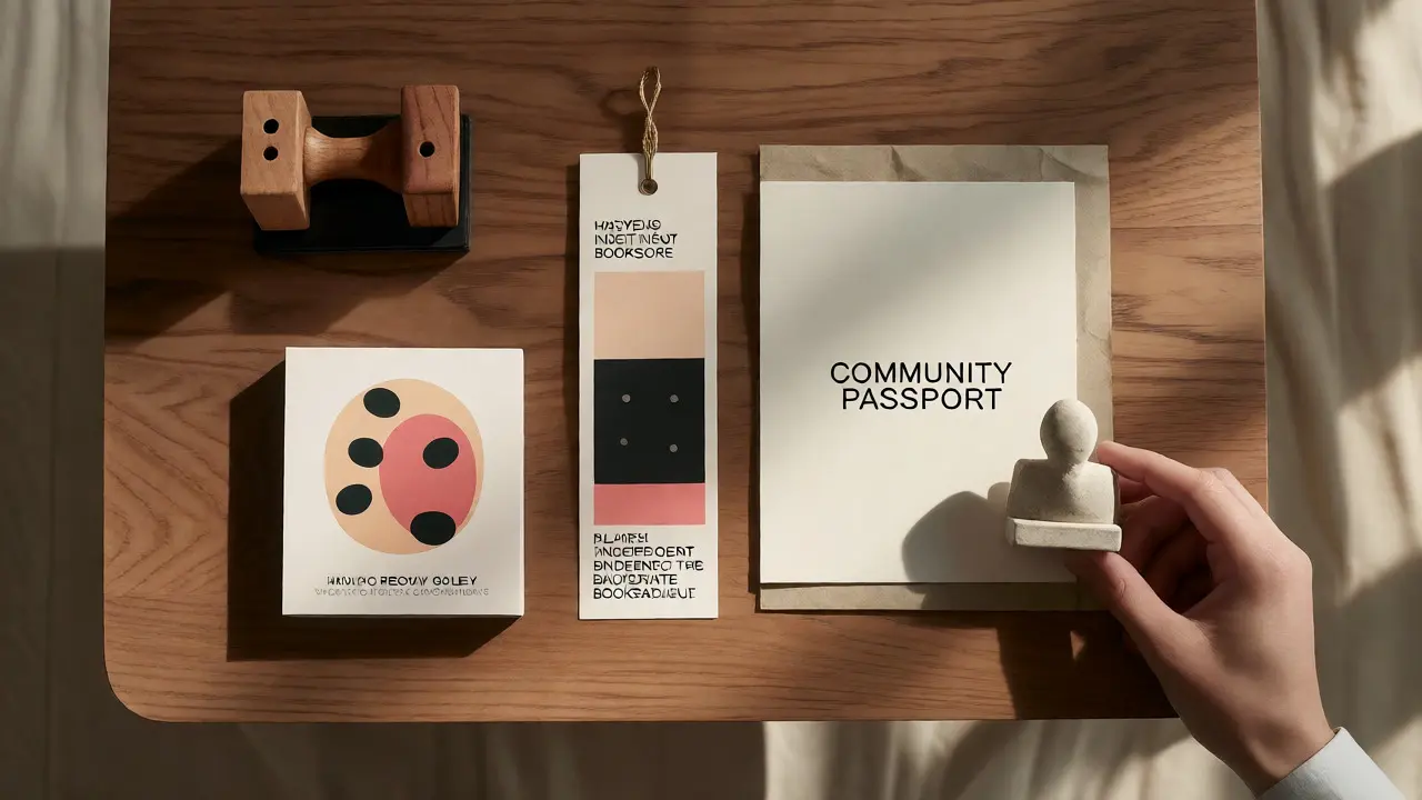 Flat lay of community partnership passport stamps and gallery items