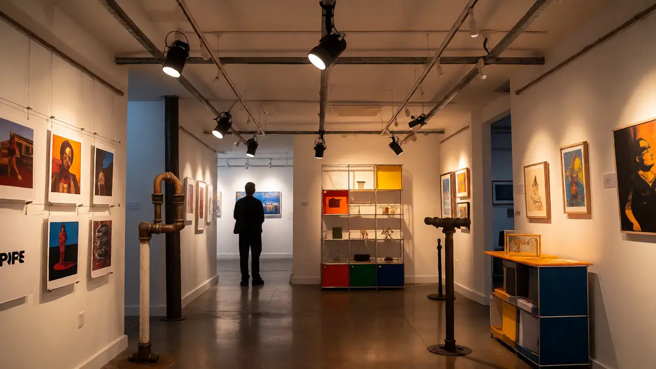 Gallery exhibition featuring DIY tension wires, industrial pipe stands, and LED track lighting.