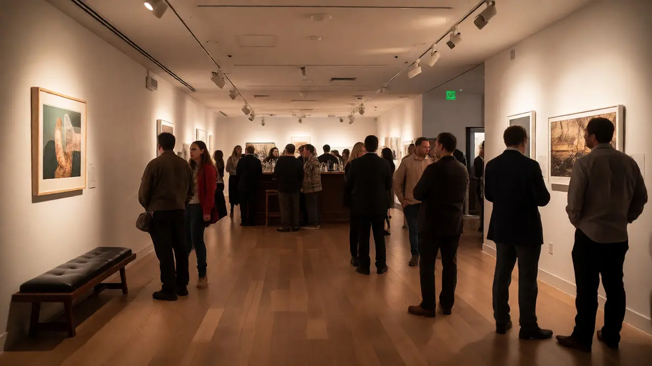 Gallery interior with strategic seating and a bar pulling guests through the exhibit.