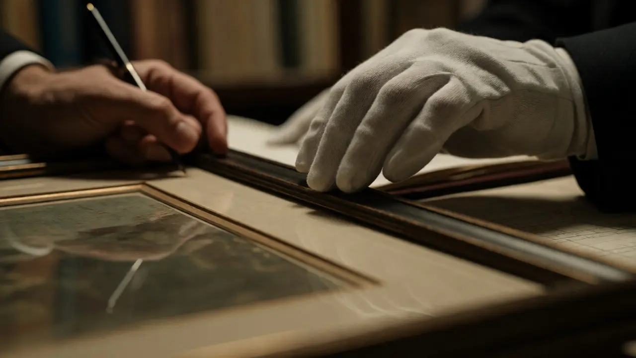 Gloved hands adjusting a framed artwork while a pen hovers over a transaction document.