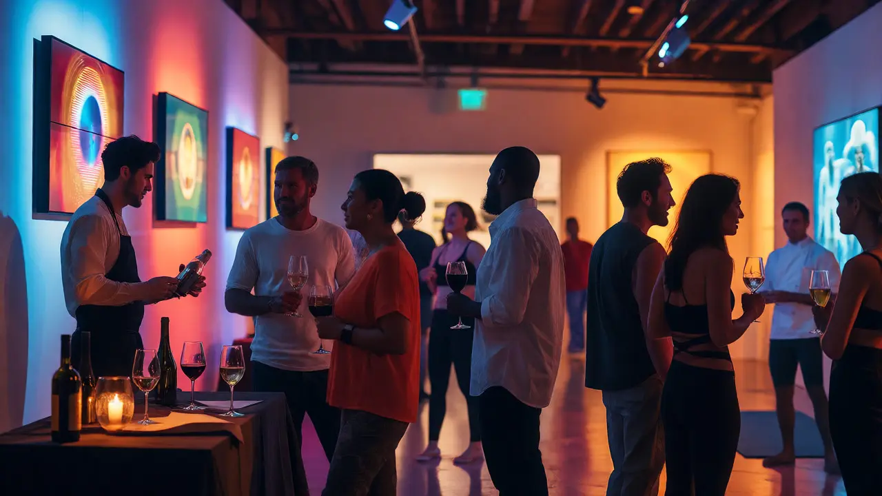 Guests mingling at a wine and art event in a modern gallery