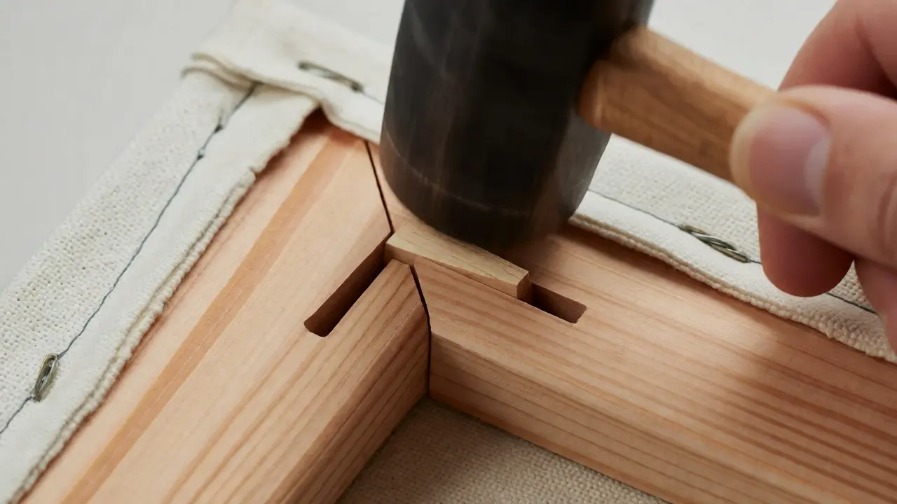 Hand using a rubber mallet to tap a stretcher key into the corner of a wooden frame.