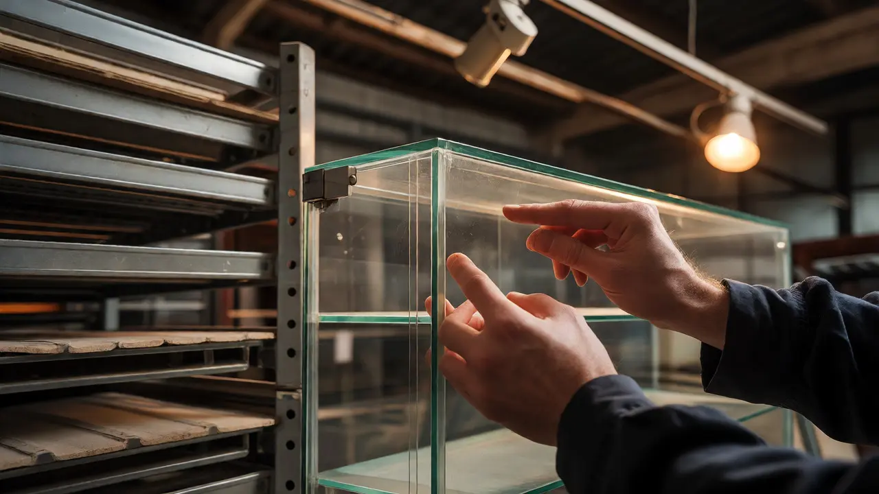 Hands inspecting the seals and hinges of a second-hand glass display case.