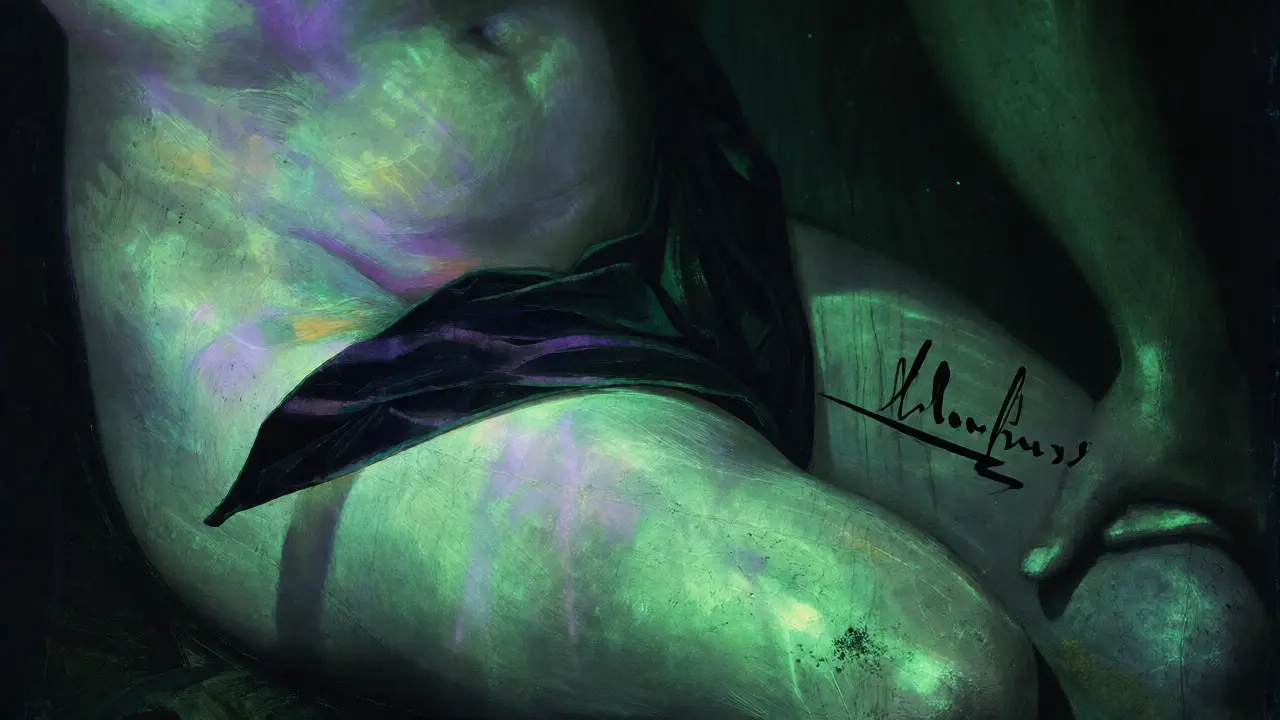 Macro view of a painting under UV revealing dark overpaint silhouettes against glowing aged varnish.