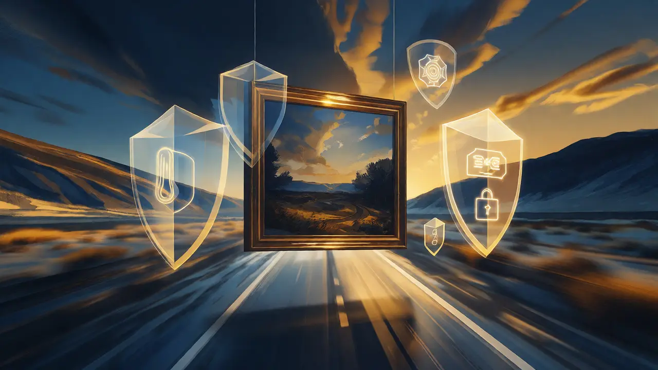Painting protected by glowing conceptual shields during transit