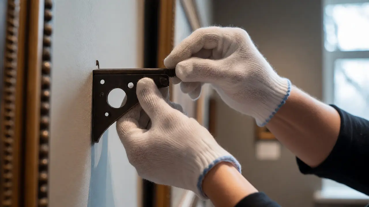 Registrars in white gloves carefully removing hanging hardware from a gallery wall.